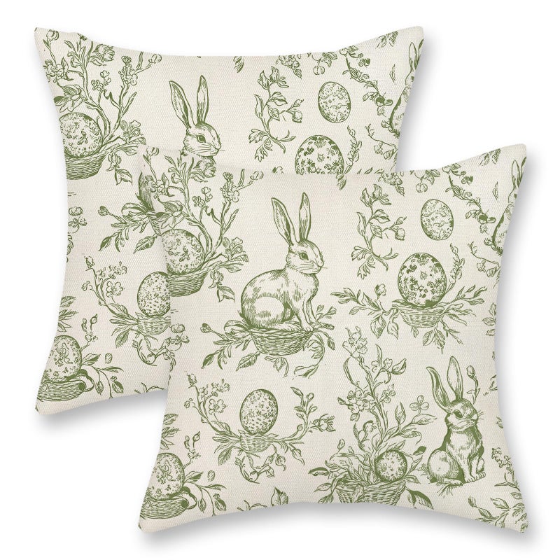 GOLIANDA Spring Sage Green Pillow Covers 18x18 Set of 2 Botanical Floral Easter Eggs Bunny Throw Pillows Green Toile Flower Rabbit Decorative Pillow Cases Outdoor Decor Linen Cushion Case for Couch Home - Image 2