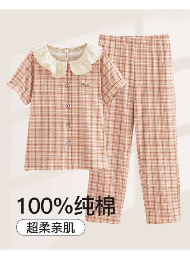 Fenton summer Thin Checkered Doll Collar Soft Sleepwear Set For Women - Image 1