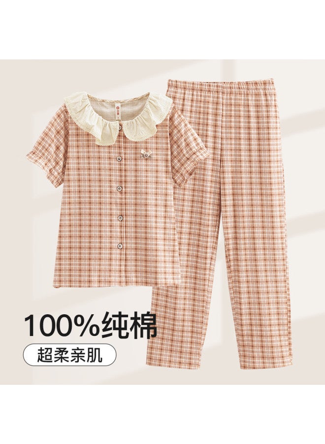 Fenton summer Thin Checkered Doll Collar Soft Sleepwear Set For Women - Image 2