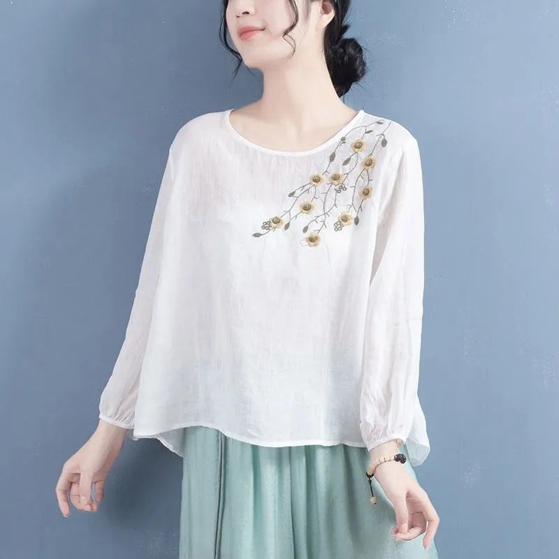 2024 Cotton Linen Chinese Style Embroidered Womens Shirt JD#B1 Pink  - Image 5