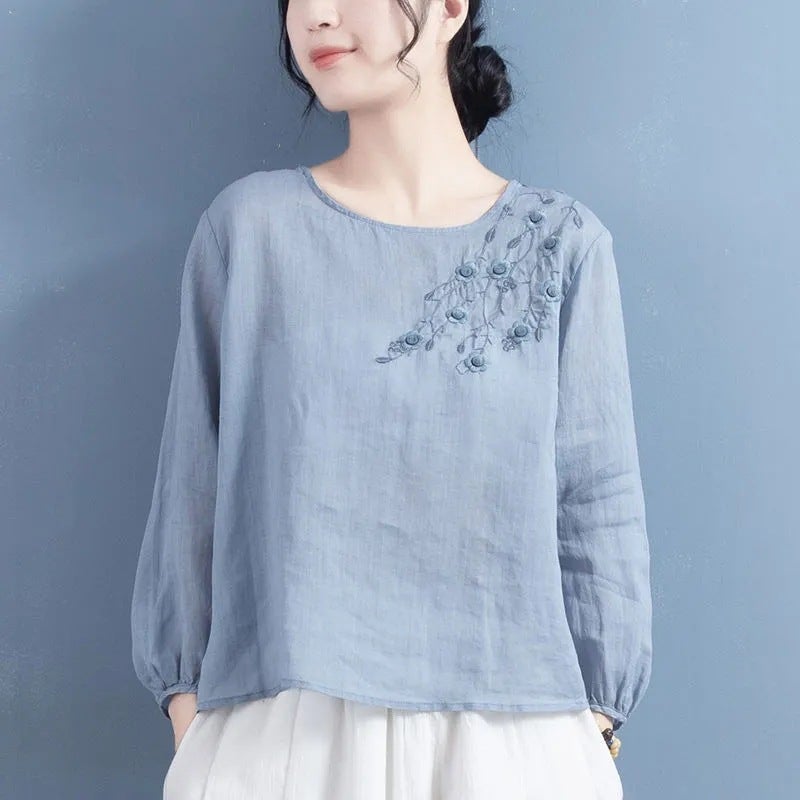 2024 Cotton Linen Chinese Style Embroidered Womens Shirt JD#B1 Pink  - Image 4