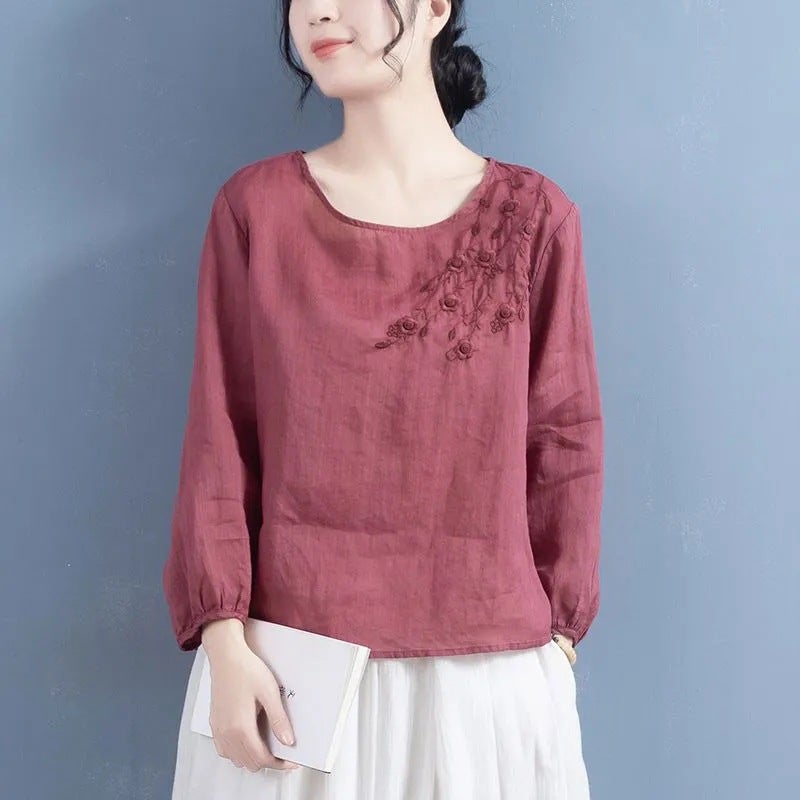 2024 Cotton Linen Chinese Style Embroidered Womens Shirt JD#B1 Pink  - Image 3