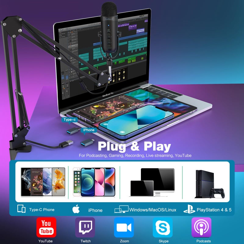ZealSound مجموعة ميكروفون الألعاب ZealSound، ميكروفون USB مكثف للبودكاست مع ذراع متحركة، ميكروفون سوبر كارديويد مع زر كتم الصوت، مقبض زيادة حجم الصدى، ضبط المراقبة للهاتف والكمبيوتر (أسود) - Image 2