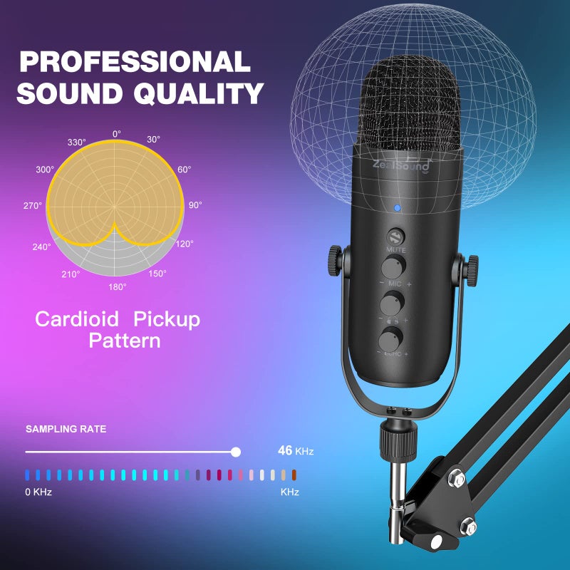 ZealSound مجموعة ميكروفون الألعاب ZealSound، ميكروفون USB مكثف للبودكاست مع ذراع متحركة، ميكروفون سوبر كارديويد مع زر كتم الصوت، مقبض زيادة حجم الصدى، ضبط المراقبة للهاتف والكمبيوتر (أسود) - Image 3