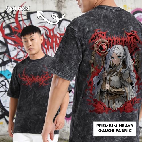 fanideaz Mens 240 GSM Heavy Cotton Oversized T Shirt Acid Wash Graphic Print Half Sleeve Round Neck for Streetwear_1B_M_Frieren - Image 3
