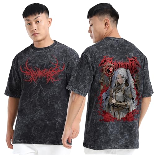 fanideaz Mens 240 GSM Heavy Cotton Oversized T Shirt Acid Wash Graphic Print Half Sleeve Round Neck for Streetwear_1B_M_Frieren - Image 1