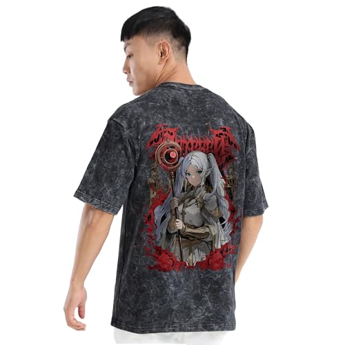 fanideaz Mens 240 GSM Heavy Cotton Oversized T Shirt Acid Wash Graphic Print Half Sleeve Round Neck for Streetwear_1B_M_Frieren - Image 2