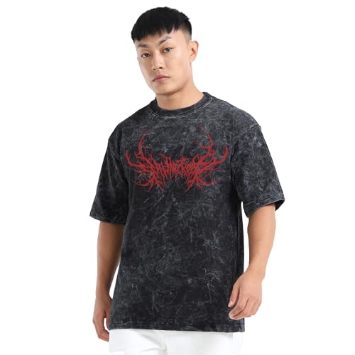 fanideaz Mens 240 GSM Heavy Cotton Oversized T Shirt Acid Wash Graphic Print Half Sleeve Round Neck for Streetwear_1B_M_Frieren - Image 4