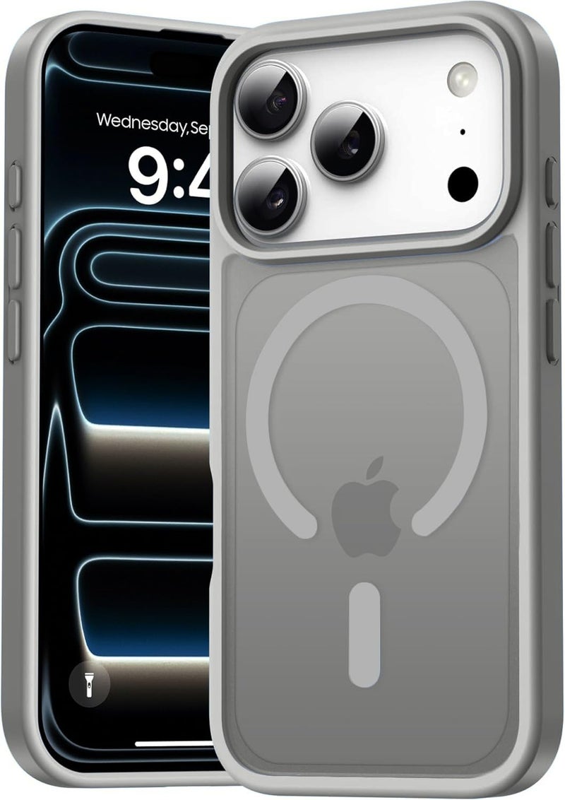 Elzzi غطاء خلفي مغناطيسي لجهاز آيفون 17 برو ماكس (متوافق مع ماغسيف) (حماية من السقوط بمعيار عسكري) رقيق شفاف غير لامع مضاد للصدمات مع غطاء هاتف مضاد لبصمات الأصابع (رمادي) - Image 1