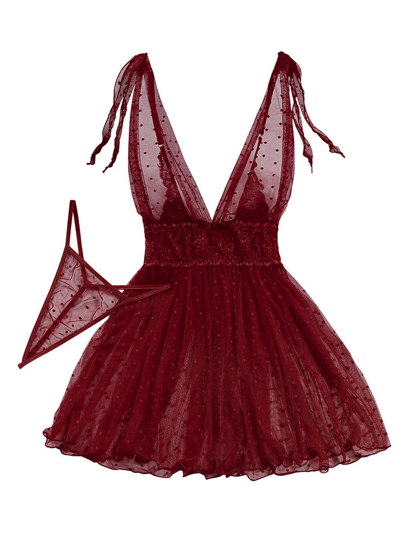 Lilosy Sexy Polka Dots Mesh Sheer Babydoll Chemise Lingerie Set Floral Lace Sleep Wear Women Deep V Slip Night Dress Nighty Negligee Gown With Thong 2 Piece Burgundy Red Medium - Image 4
