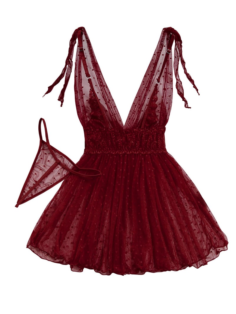 Lilosy Sexy Polka Dots Mesh Sheer Babydoll Chemise Lingerie Set Floral Lace Sleep Wear Women Deep V Slip Night Dress Nighty Negligee Gown With Thong 2 Piece Burgundy Red Medium - Image 5