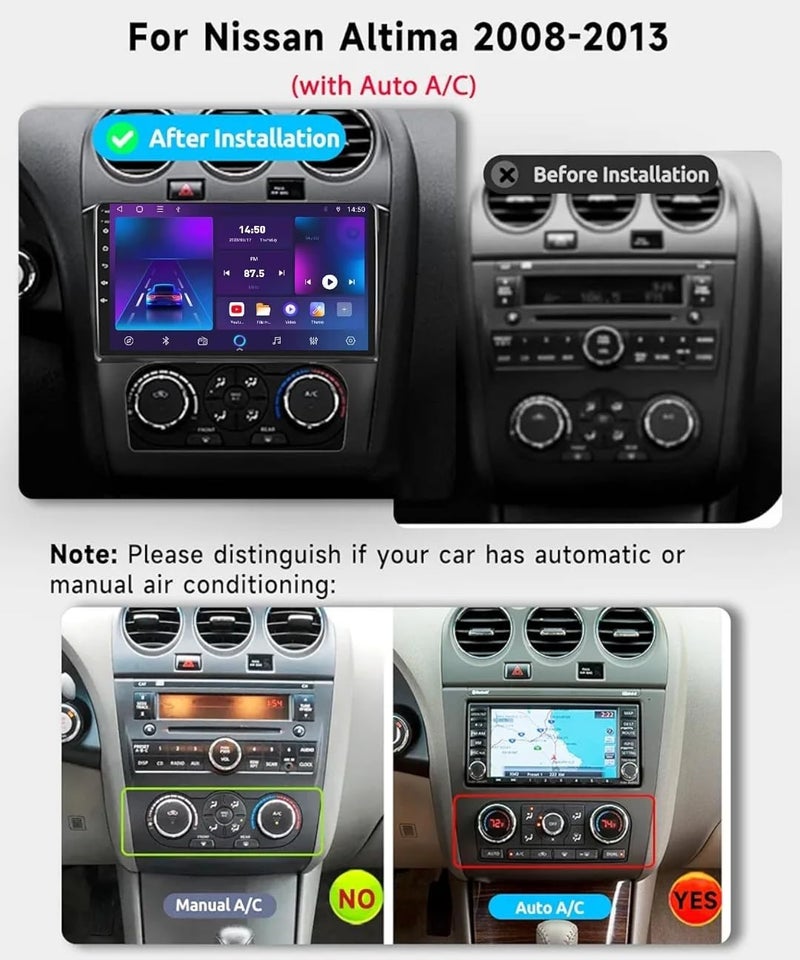 Vierex Fit Nissan Altima Car Stereo Altima Android Screen 2008-2012 With Apple Carplay Android Auto Wireless WiFi DSP FM&AM BT AHD Camera Included Fast Interface QLED (2+32GB Carplay Auto AC) - Image 2