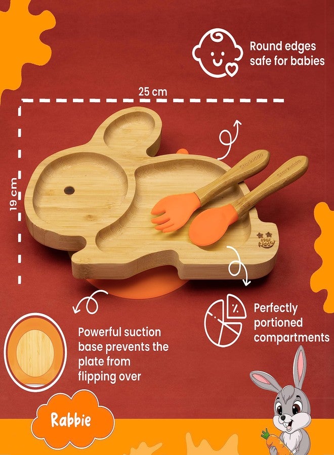 StarKiddo ® ‘Cute Bamboo Rabbie Suction Plate’ Baby-Led Weaning | 3 Sections | Non-Toxic |Eco-Friendly | Super Strong Suction - Natural Bamboo BPA Free Baby Plate (Orange) - Image 2