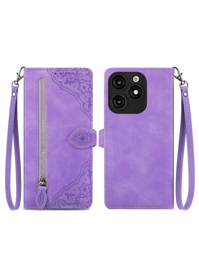 erorex Case For Tecno Itel A70 Embossed Flower Zipper Leather Phone Case - Image 1