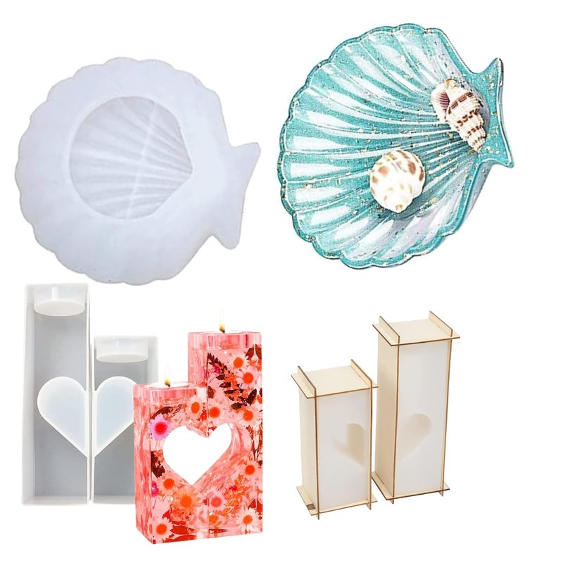 SNOOGG ™Set of 1 Sea Shell Shape & 2 Piece Twin Half Heart tealight Candle Holder Set with Wood Frame Silicone Molds for Epoxy Resin Casting - Image 1