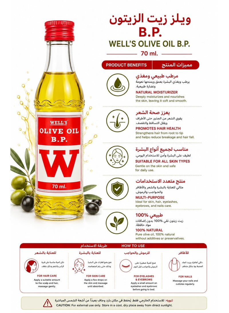 Wells B.P. Olive Oil Natural Nourishing Oil for Hair & Skin Care, 70ml - Image 2
