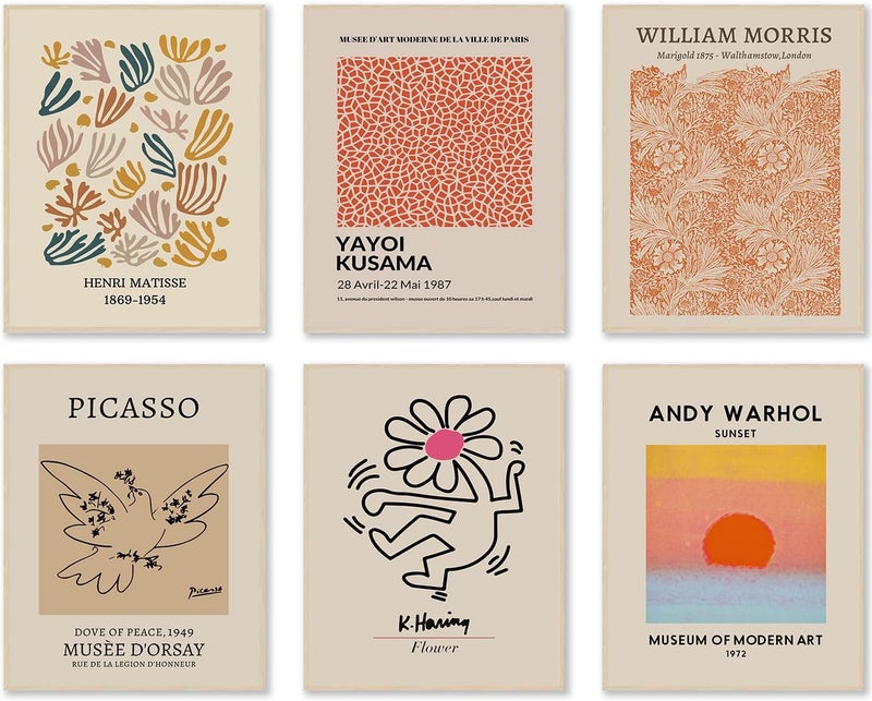 Matisse Wall Art Prints Set of 6, Abstract Matisse Wall Art Exhibition Posters Beige Yellow Picasso Flower Market Art Prints William Morris Poster, Boho Canvas Paintings Pictures for Aesthetic Room