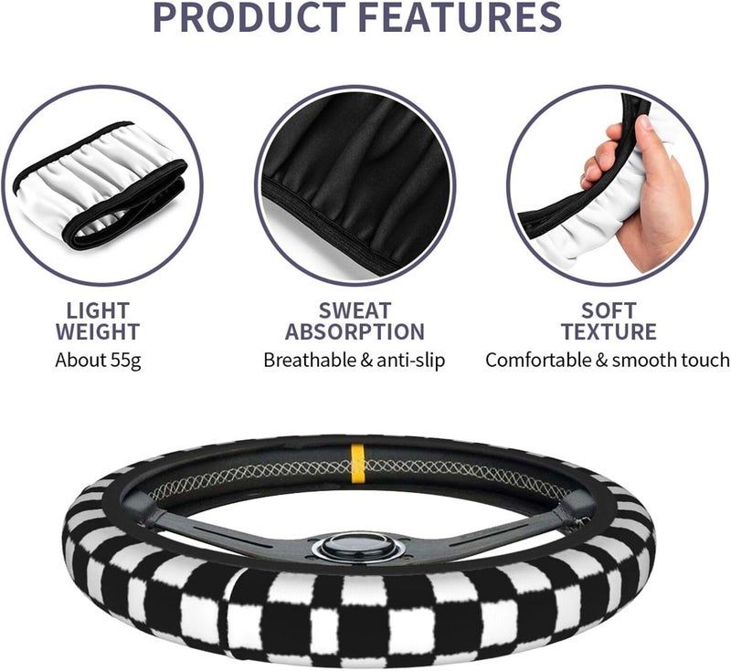 Car Steering Wheel Cover for Women Men, Non-Slip Breathable Steering Wheel, Black and White Checkered Splatter Steering Wheel Protector, Car Accessories - Image 5