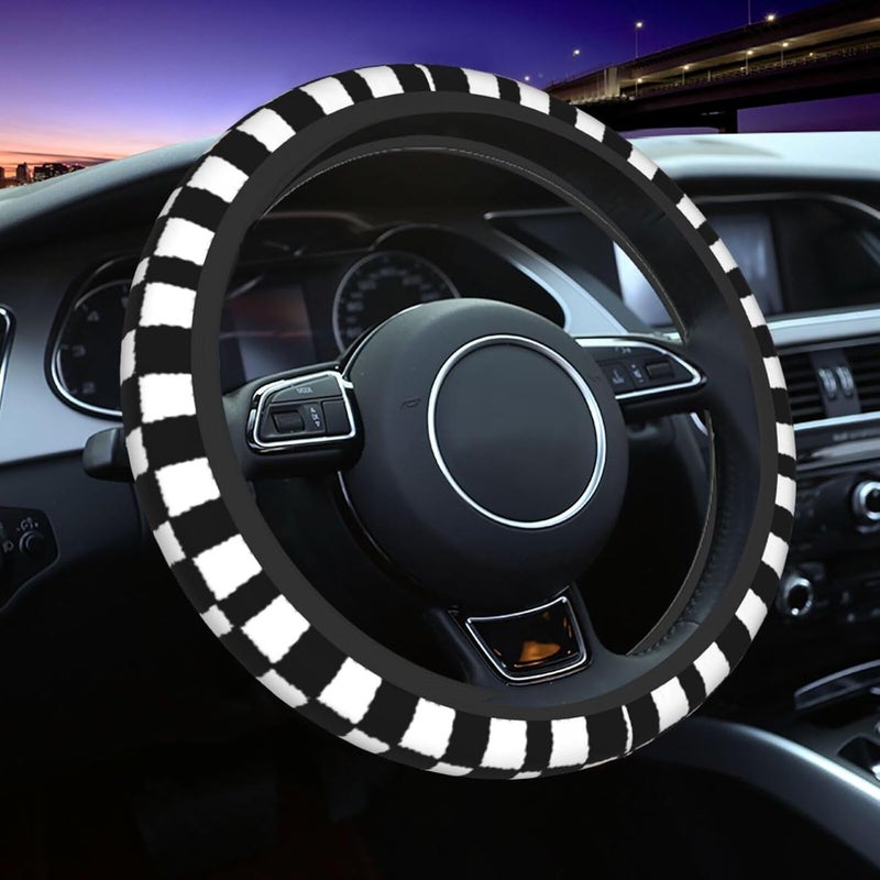 Car Steering Wheel Cover for Women Men, Non-Slip Breathable Steering Wheel, Black and White Checkered Splatter Steering Wheel Protector, Car Accessories - Image 1