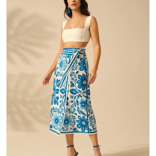 Sujama Women’s Floral Print Wrap Skirts Boho Tie Knot Skirt High Waist Causal Cute Flower Graphic Long Skirts Beachwear 2025 Blue - Image 3