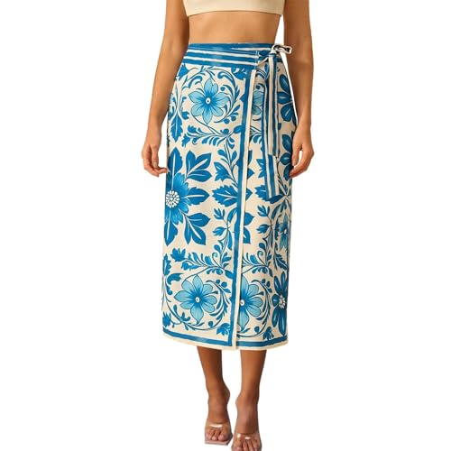 Sujama Women’s Floral Print Wrap Skirts Boho Tie Knot Skirt High Waist Causal Cute Flower Graphic Long Skirts Beachwear 2025 Blue - Image 1