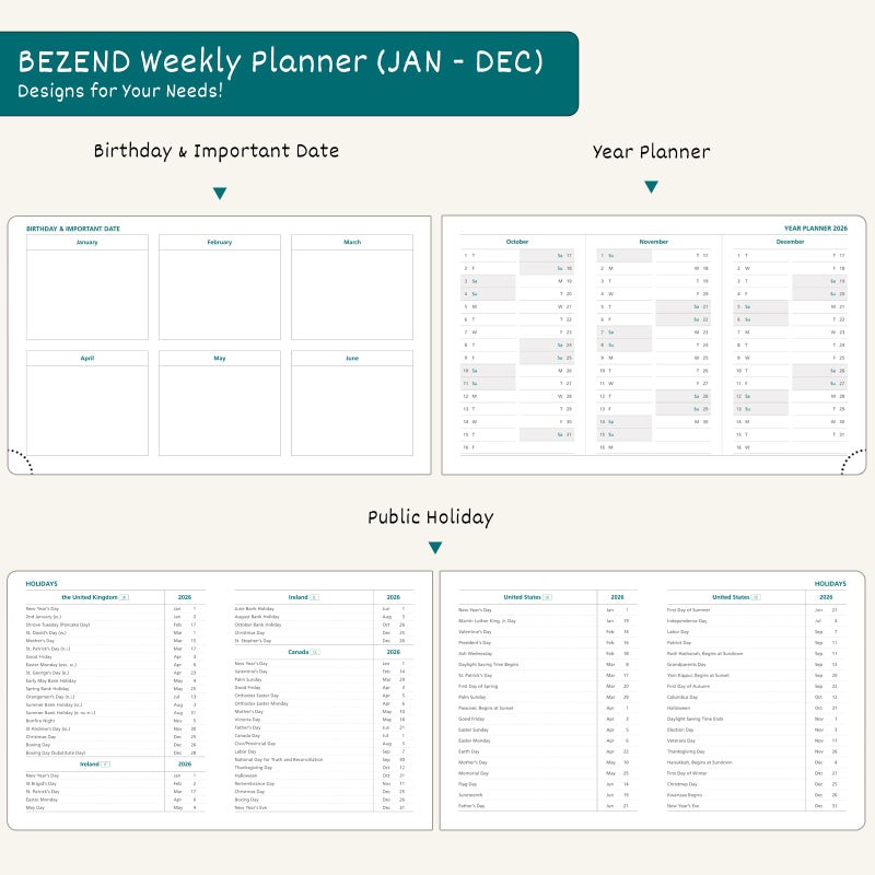BEZEND 2026 Planner Weekly and Monthly (9" x 5.5") Calendar Book with Daily Vertical Timeslot & Note (Jan-Dec), Equal Space Even Weekends, Work Home Women, PU Leather Hardcover - Black - Image 5
