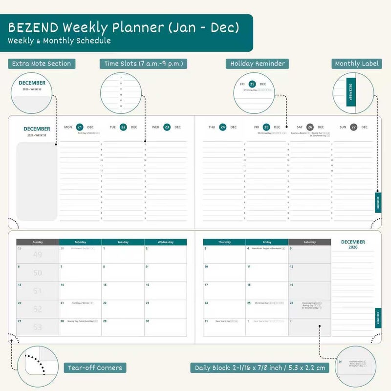 BEZEND 2026 Planner Weekly and Monthly (9" x 5.5") Calendar Book with Daily Vertical Timeslot & Note (Jan-Dec), Equal Space Even Weekends, Work Home Women, PU Leather Hardcover - Black - Image 3