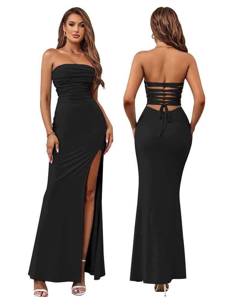 HTZMO Womens Tube Top Strapless Slit Bodycon Maxi Dress Sexy Tie Back Wedding Guest Party Long Dresses Black M - Image 1