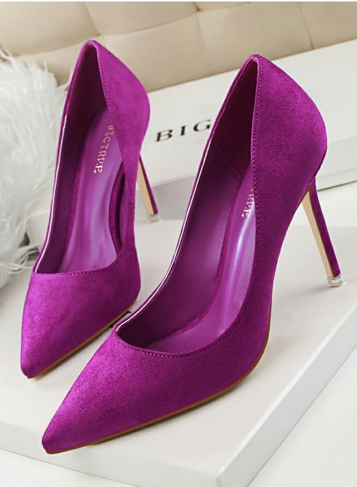 بيج تري Women's Elegant Coral Velvet Stiletto Pumps 9 CM Fashion Gorgeous Closed Pointed Toe Slip On Solid High Heels Purple - Image 1