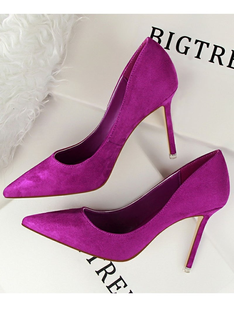 بيج تري Women's Elegant Coral Velvet Stiletto Pumps 9 CM Fashion Gorgeous Closed Pointed Toe Slip On Solid High Heels Purple - Image 3