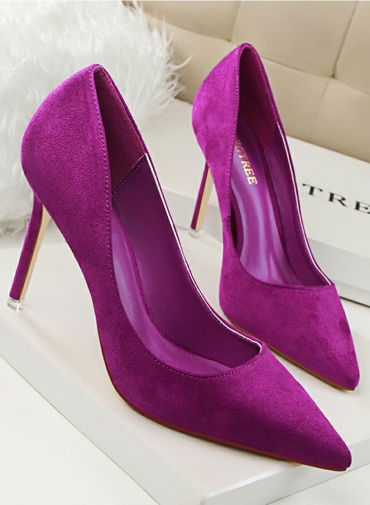بيج تري Women's Elegant Coral Velvet Stiletto Pumps 9 CM Fashion Gorgeous Closed Pointed Toe Slip On Solid High Heels Purple - Image 2