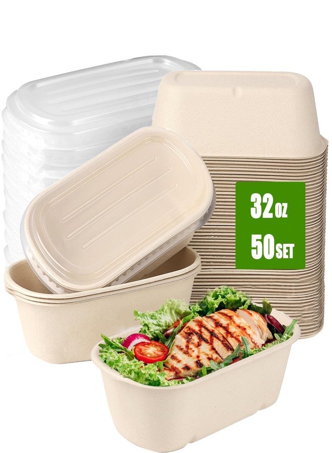 TINSKY 50 Pack Paper Meal Prep Containers 32 Oz Paper Bowls with Lids Large Deep Rectangle Disposable Food Containers for Burrito, Nacho, Salad, Pasta (32 oz) - Image 1