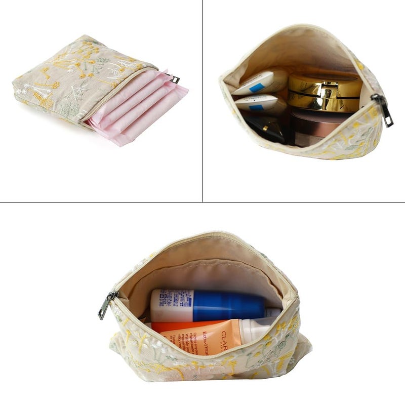 BBORGDC Small Cosmetic Bag Set of 3 for Purse, Beige Floral Cotton Makeup Pouch Set, 3 Sizes Zipper Organizer for Travel & Toiletries, Gift for Her Birthday, Bridesmaid & Best Friend - Image 4