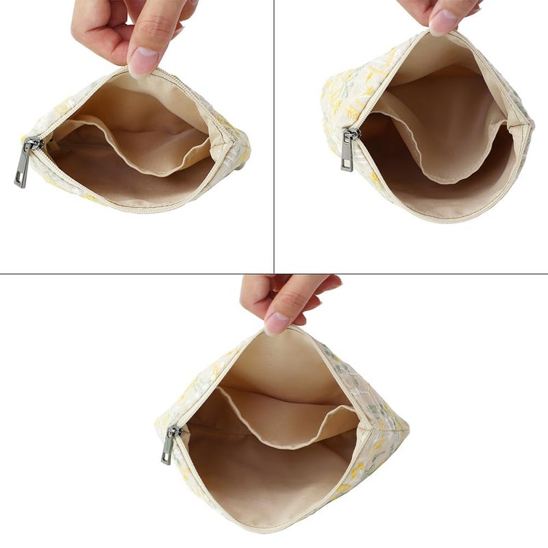 BBORGDC Small Cosmetic Bag Set of 3 for Purse, Beige Floral Cotton Makeup Pouch Set, 3 Sizes Zipper Organizer for Travel & Toiletries, Gift for Her Birthday, Bridesmaid & Best Friend - Image 3