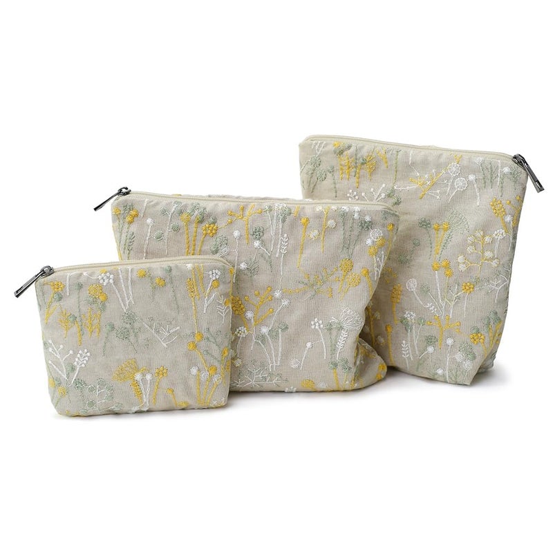 BBORGDC Small Cosmetic Bag Set of 3 for Purse, Beige Floral Cotton Makeup Pouch Set, 3 Sizes Zipper Organizer for Travel & Toiletries, Gift for Her Birthday, Bridesmaid & Best Friend - Image 1