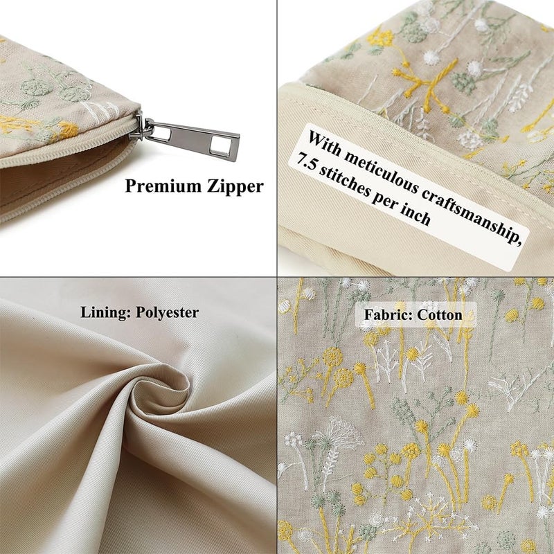 BBORGDC Small Cosmetic Bag Set of 3 for Purse, Beige Floral Cotton Makeup Pouch Set, 3 Sizes Zipper Organizer for Travel & Toiletries, Gift for Her Birthday, Bridesmaid & Best Friend - Image 5
