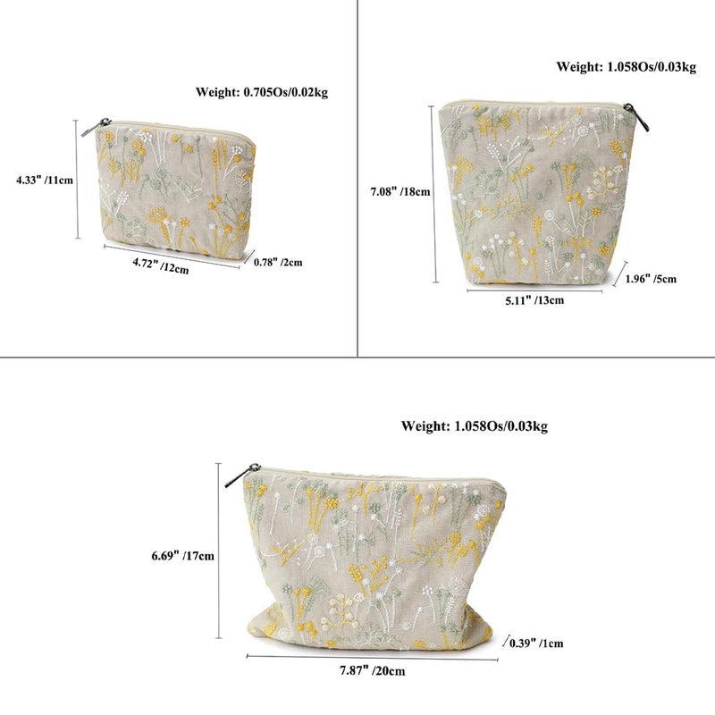 BBORGDC Small Cosmetic Bag Set of 3 for Purse, Beige Floral Cotton Makeup Pouch Set, 3 Sizes Zipper Organizer for Travel & Toiletries, Gift for Her Birthday, Bridesmaid & Best Friend - Image 2