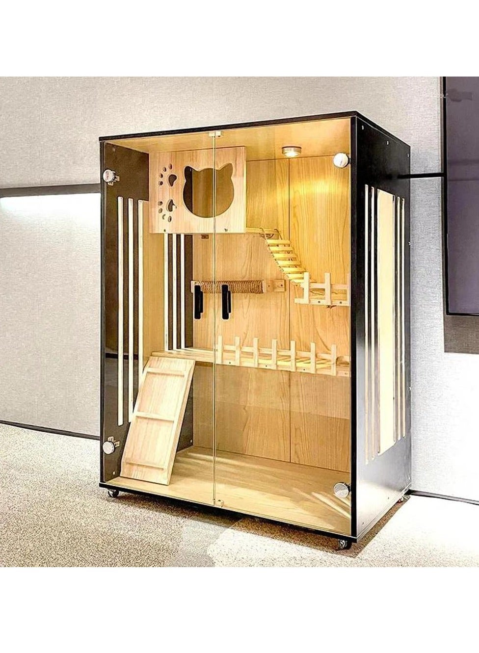 Premium Cat House - Cat Tree with enclosed space for Cat Litter Box, Cat Condo and Spacious Play Area for Your Loved Pet to enjoy (Single Column - 90 * 60 * 120cm, Golden Deluxe)