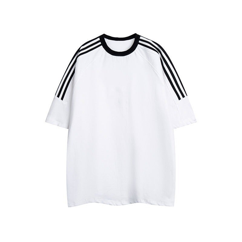 American Retro Three Bars Casual Crewneck Sports Summer Short-Sleeved T-Shirt Men'S And Women'S Pure Cotton All-Match Couple Top - Image 2