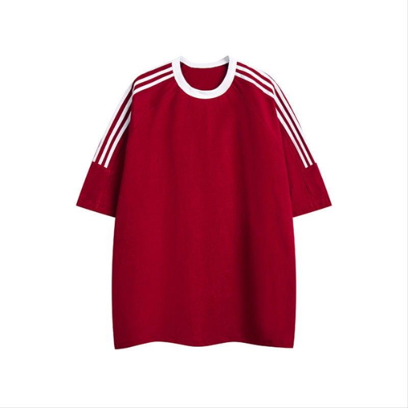 American Retro Three Bars Casual Crewneck Sports Summer Short-Sleeved T-Shirt Men'S And Women'S Pure Cotton All-Match Couple Top - Image 1