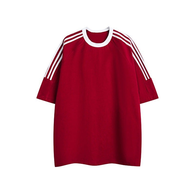 American Retro Three Bars Casual Crewneck Sports Summer Short-Sleeved T-Shirt Men'S And Women'S Pure Cotton All-Match Couple Top - Image 3