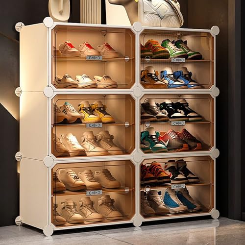 Zemic Plastic Shoe Rack for Home | 𝟏𝟐 𝐒𝐡𝐞𝐥𝐟 DIY Shoe Rack with Door 𝐌𝐚𝐠𝐧𝐞𝐭𝐬 for Home Storage Plastic Box Organizer, Metal Door Frame, Chappal Slipper Sandal Stand【White, 12-SHELF-6-DOOR】 - Image 1