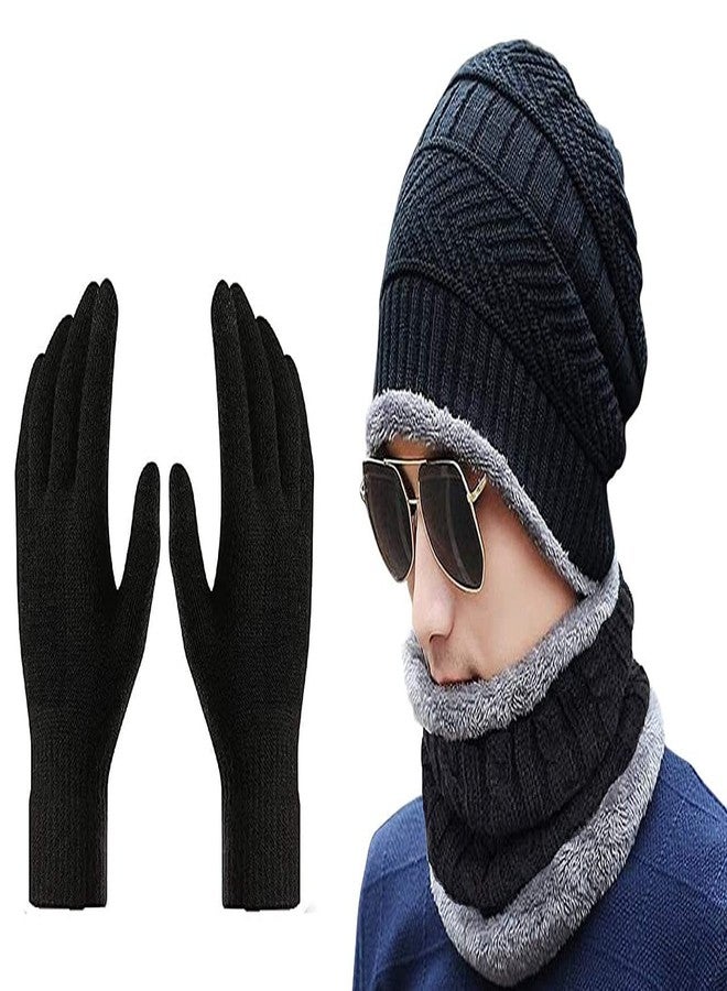 Veteran Unisex Acrylic Beanie Cap Neck Warmer Scarf And Gloves (3 Piece) (Winter Knit Beanie Cap-013_Black _Free Size) - Image 1