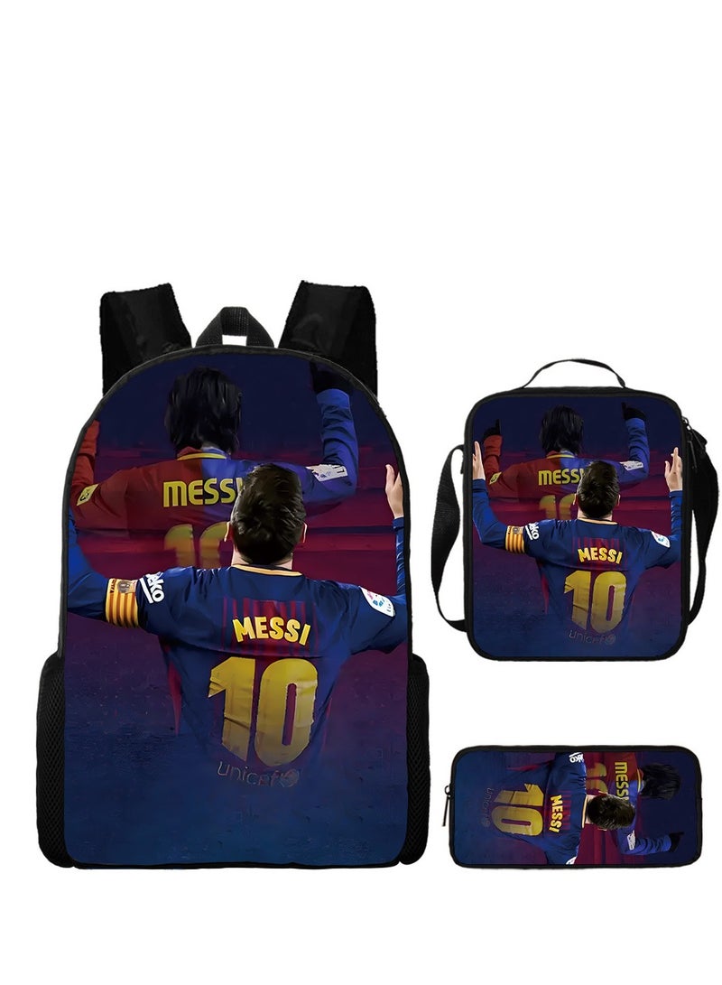 Bluejw مجموعة من 3 قطع من حقيبة الظهر المدرسية للأطفال من MESSI حقيبة كتب مدرسية للأولاد المراهقين مع حقيبة غداء وقلم - Image 1