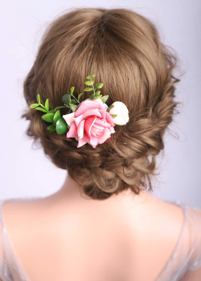 Denifery Pink with white Rose Hair Comb for Wedding Special Occasions