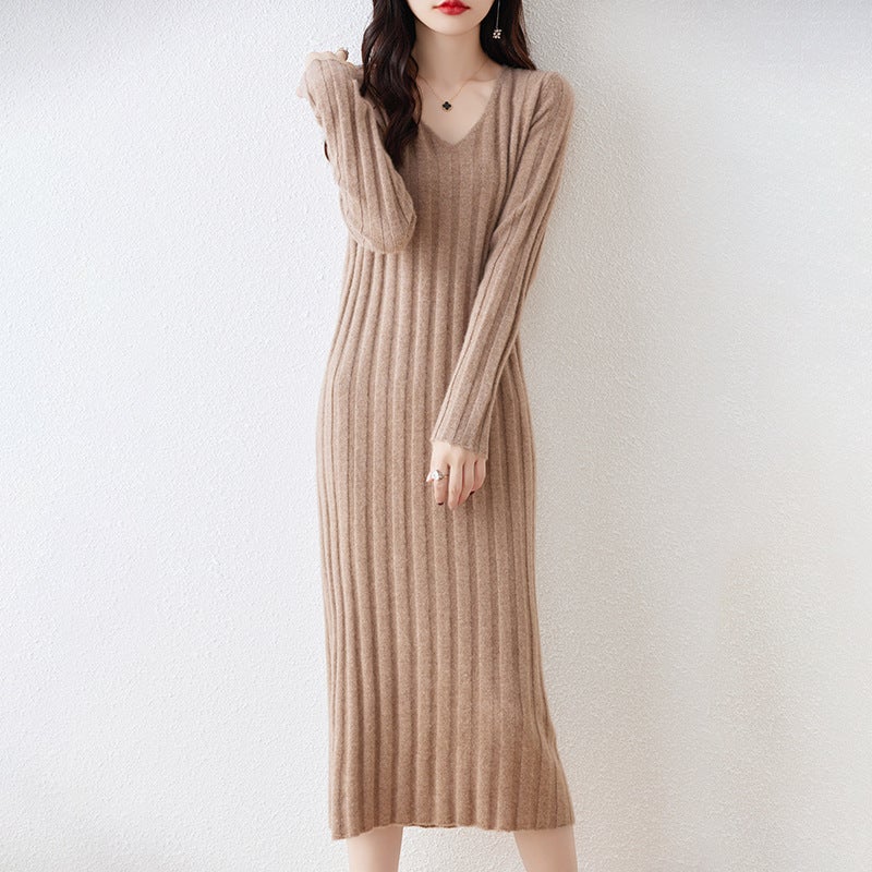 Autumn and Winter V-Neck 100 Pure Wool dress Womens Slim-fit Slimming Knee Sweater Long Skirt Matching Coat Knitted Base Skirt brick red - Image 3