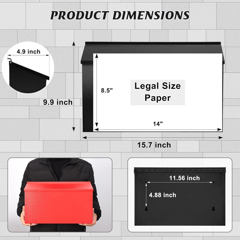 KYODOLED Wall-Mount Mailbox for House, Large Capacity Mail Box, Galvanized Steel Rust-Proof Metal Post Box, Mailboxes for Outside,15.7"x9.9"x4.9" Black - Image 2