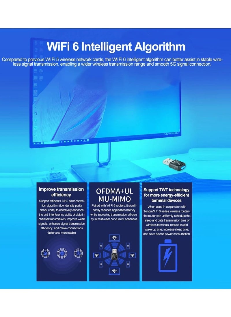 Youque - USB WiFi6 AX900 Driver Free Adapter, 900Mbps Dual Band 2.4/5Ghz Wireless Network External Receiver Transmitter for Bluthooth Printer/Keyboard/Mouse/Phone and Pad/Audio/Earphone, Mini WiFi Dongle for PC/Laptop/Desktop - Image 1