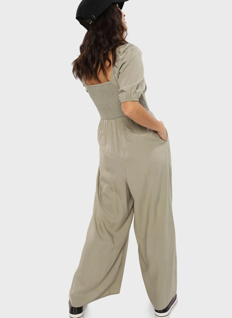 American Eagle Puff Sleeve Wide Leg Jumpsuit