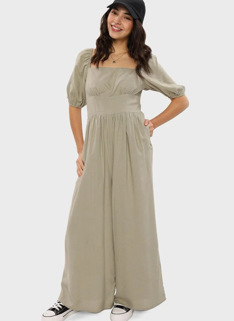 American Eagle Puff Sleeve Wide Leg Jumpsuit